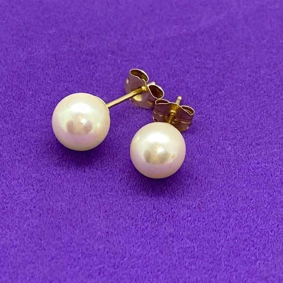 💛 14k Yellow Gold Vintage 6mm Pearl Earrings - Picture 1 of 3